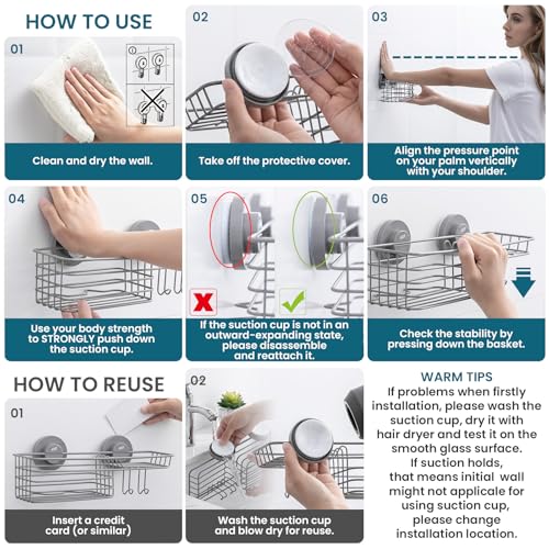 TAILI Shower Caddy Suction Cup with Hooks with Hooks, Grey - Product Imagery