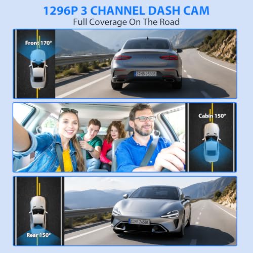 Dash Cam Front and Rear, 1296P Dash Camera for Cars, 3 Channel - Product Imagery