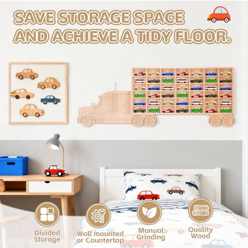 3D Wooden Toy Cars Display, Wall-Mounted for 42 Toy Cars, 1/64 - Product Imagery