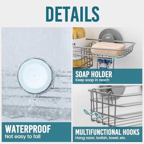 TAILI Shower Caddy Suction Cup with Hooks with Hooks, Grey - Product Imagery