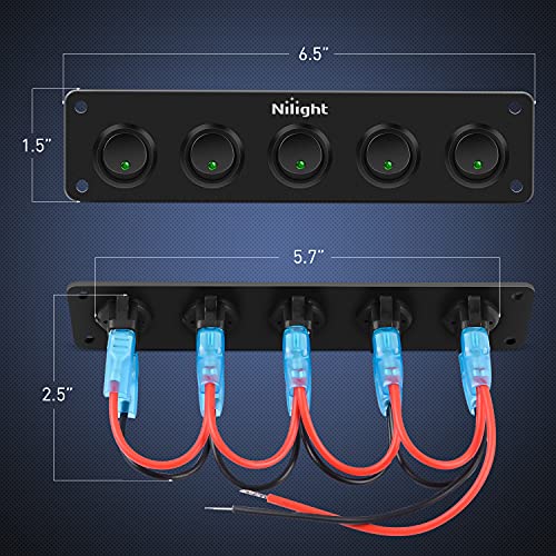 Nilight 5 Gang 3 Pin Rocker Switch Panel On Off SPST Toggle Green - Product Imagery
