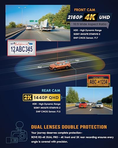 ROVE R2-4K Dual PRO Dash Cam Front and Rear, 4K+2K Dash Camera - Product Imagery