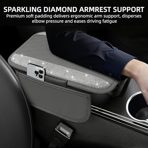 NBTEPEM Bling Grey Car Center Console Cover, Leather Car Arm - Product Imagery