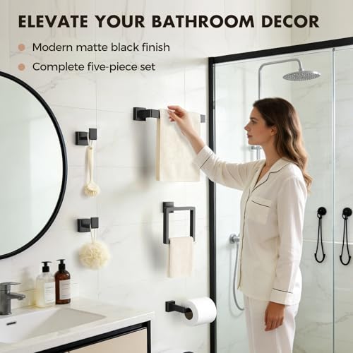 5-Pieces Matte Black Bathroom Accessories Set, 16 Inch Bath - Product Imagery