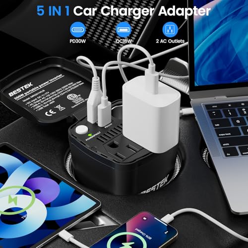 BESTEK 200W Power Inverter 12V DC to 110V AC Car Plug Adapter - Product Imagery