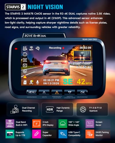 ROVE R2-4K Dual Dash Cam Front and Rear, STARVIS 2 Sensor, Free - Product Imagery