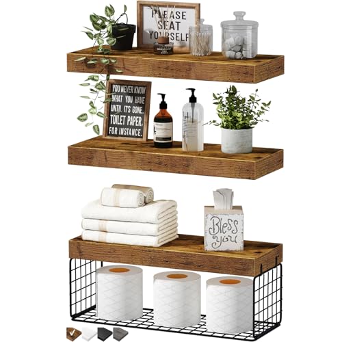 QEEIG Bathroom Shelves Over Toilet Wall Mounted (Brown, Set of - Product Imagery