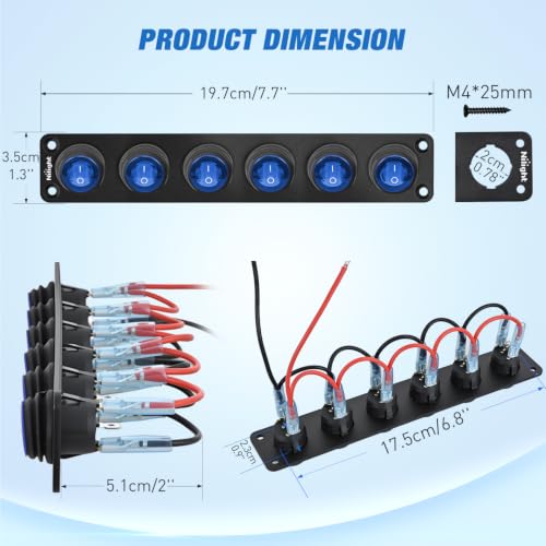 Nilight 6 Gang Rocker Switch Panel IP67 Waterproof 12V/24V - Product Imagery