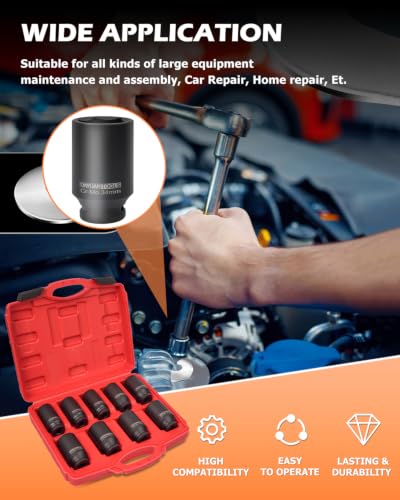 DAYUAN 9 Pcs Axle Nut Hub Impact 1/2" Drive Deep Impact Socket - Product Imagery