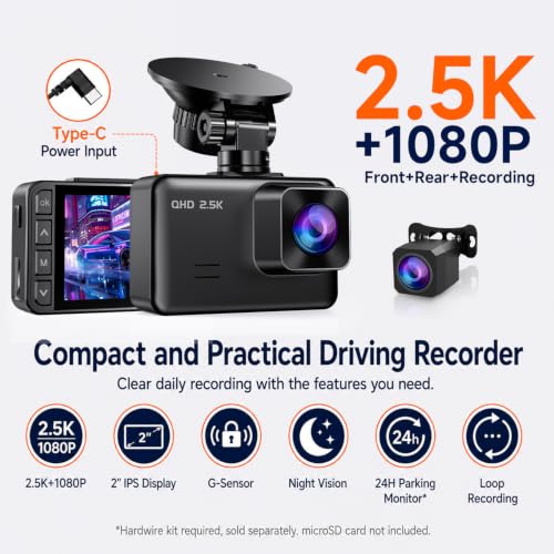 Dash Cam Front and Rear, 2.5K+1080P Dual Camera for Cars, 2" IPS - Product Imagery