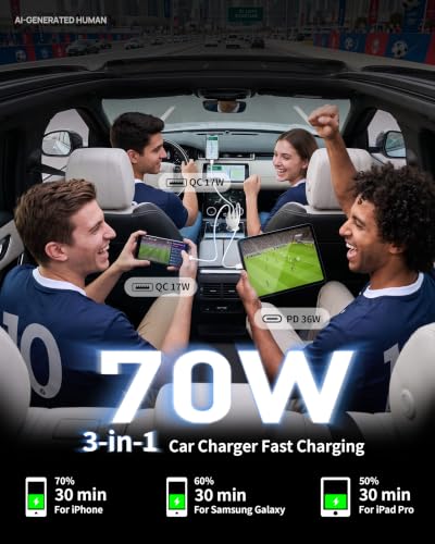 3-Port 70W Fast Car Charger for iPhone 14 13 12 11 Pro Max SE XR - Product Imagery