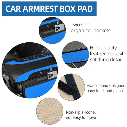 NBTEPEM Blue Center Console Cover, Sporty Leather Armrest Cover - Product Imagery
