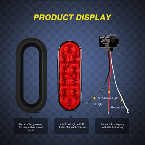 Nilight 6" Oval LED Trailer Tail Lights,Red, 2 Pack, Grommets - Product Imagery