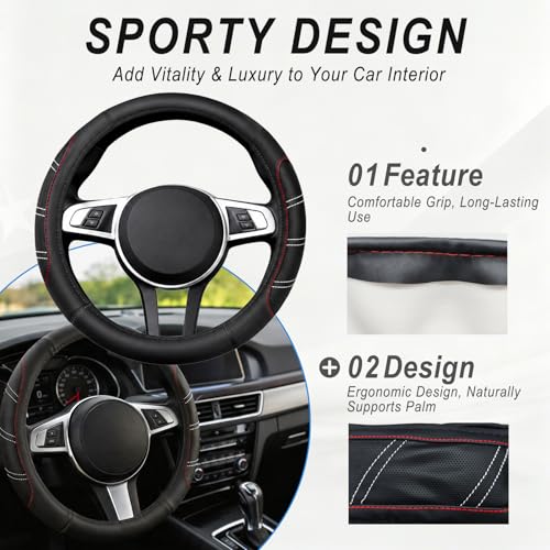 6 PCS Car Accessories Set, 14.5"-15" Leather Steering Wheel - Product Imagery