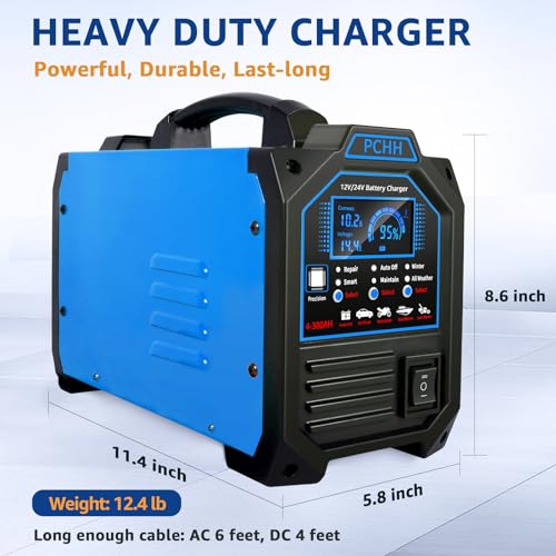 PCHH 12V 24V Car Battery Charger Heavy Duty, 0-15A Automatic - Product Imagery