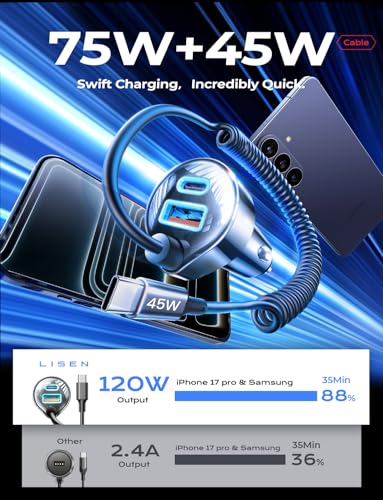 LISEN 90W for iPhone 17 16 15 Pro Max Car Charger USB C Fast - Product Imagery