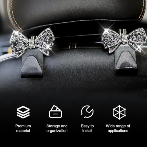 2PCS Bling Bow Car Seat Headrest Hooks, S Type Sparkling Crystal - Product Imagery
