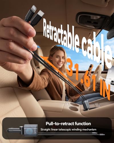 Retractable Car Charger,75W Car Phone Charger USB C Fast Charge - Product Imagery
