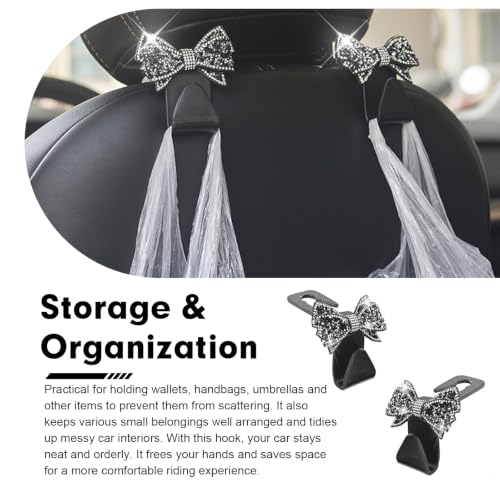 2PCS Bling Bow Car Seat Headrest Hooks, S Type Sparkling Crystal - Product Imagery
