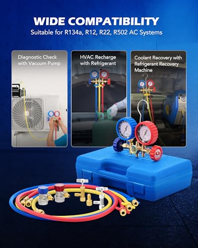 OMT AC Gauge Set for R134a, R12, R22, and R502, 5 ft Hoses - Product Imagery