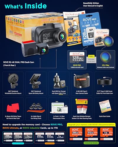 ROVE R2-4K Dual PRO Dash Cam Front and Rear, 4K+2K Dash Camera - Product Imagery