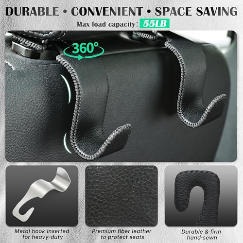 Car Seat Headrest Hook 55lb Heavy Duty Metal Hanger with Leather - Product Imagery