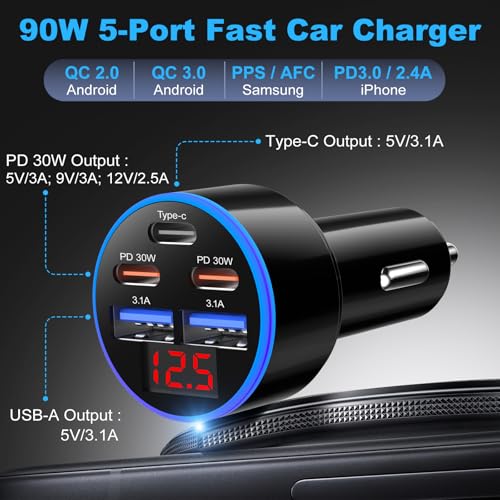 OKRAY 90W 5-Port USB C Car Charger, Dual PD30W USB-C Super Fast - Product Imagery