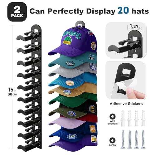 2 Pack Hat Organizer for Baseball Caps, Hat Rack for Wall Hold - Product Imagery