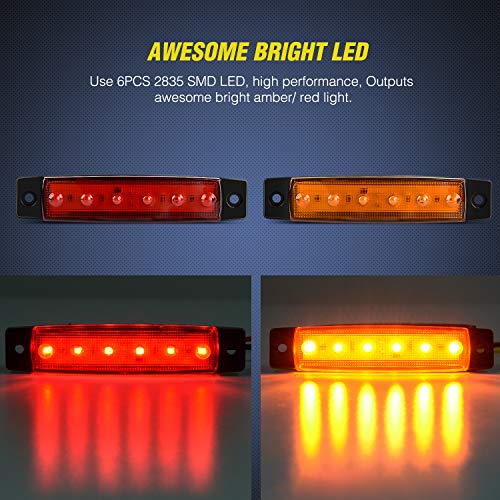 Nilight 3.8 Inch 6 LED Amber Red Trailer Side Marker Lights,10 - Product Imagery