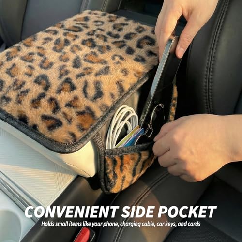 Plush Fuzzy Car Center Console Cover with Side Pockets, Leopard - Product Imagery