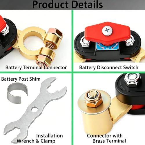 Car Battery Disconnect Switch 12V/24V, Heavy Duty Brass Top Post - Product Imagery