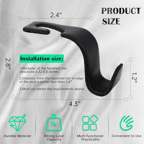 Car Seat Headrest Hook 55lb Heavy Duty Metal Hanger with Leather - Product Imagery