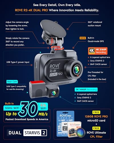ROVE R2-4K Dual PRO Dash Cam Front and Rear, 4K+2K Dash Camera - Product Imagery