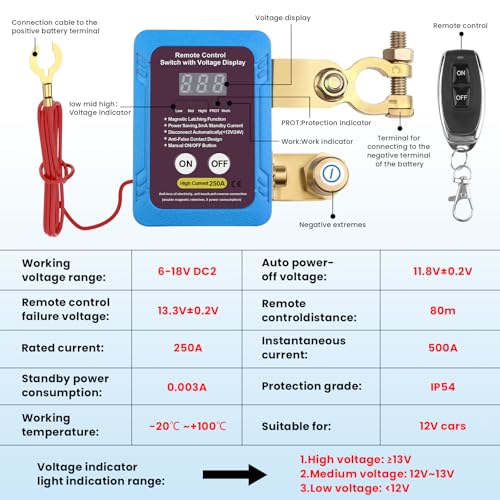 250A 12V Remote Battery Disconnect Switch with Voltage Display - Product Imagery