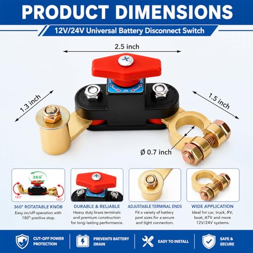 Car Battery Disconnect Switch 12V/24V, Heavy Duty Brass Top Post - Product Imagery