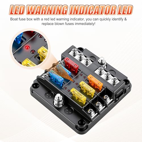 GaRhomxy 6 Way Fuse Block, 12V Marine Fuse Block with LED - Product Imagery
