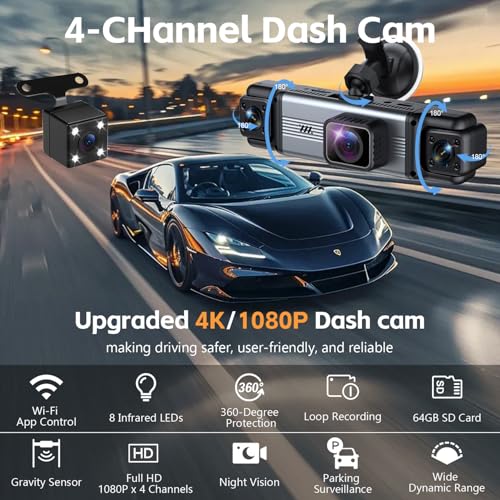 4 Channel 360° Dash Cam Front and Rear Inside Left & Right, Free - Product Imagery