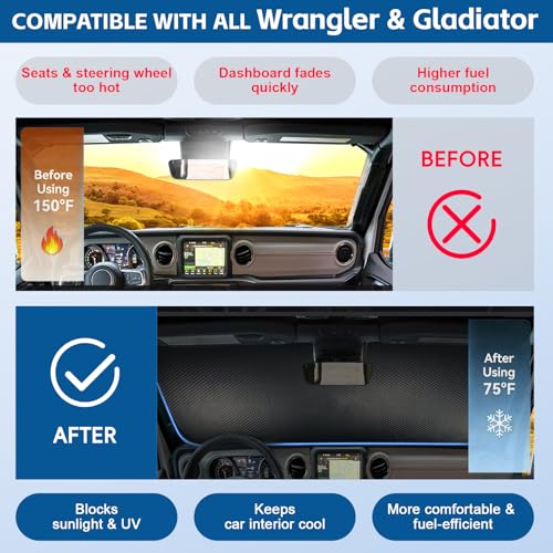 Windshield Sun Shade Fit for Jeep Wrangler TJ JK JL &Gladiator - Product Imagery