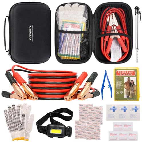 Car Emergency Kit with Battery Jumper Cables, Black - Product Imagery