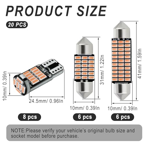 20 PCS Car LED Lights Interior Bulb Kit, T10 31mm 41mm LED Dome - Product Imagery