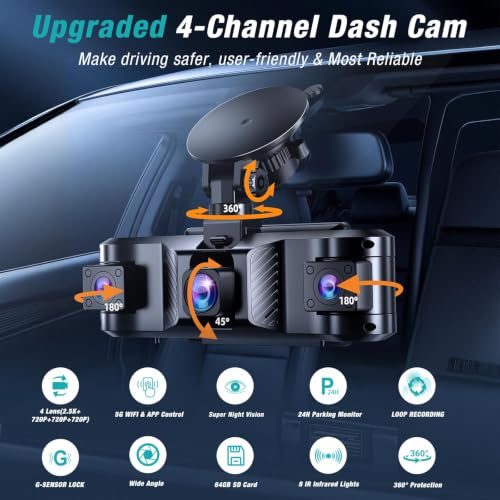4 Channel 360° Dash Cam Front and Rear Inside with 5GHz WiFi - Product Imagery