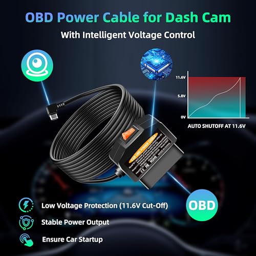 OBD2 to USB C Power Adapter for Dash Cam, Hardwire Kit with - Product Imagery