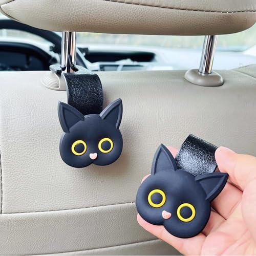 Car Seat Headrest Hooks, 2 Pack Black Cute Cartoon Cat Hook - Product Imagery