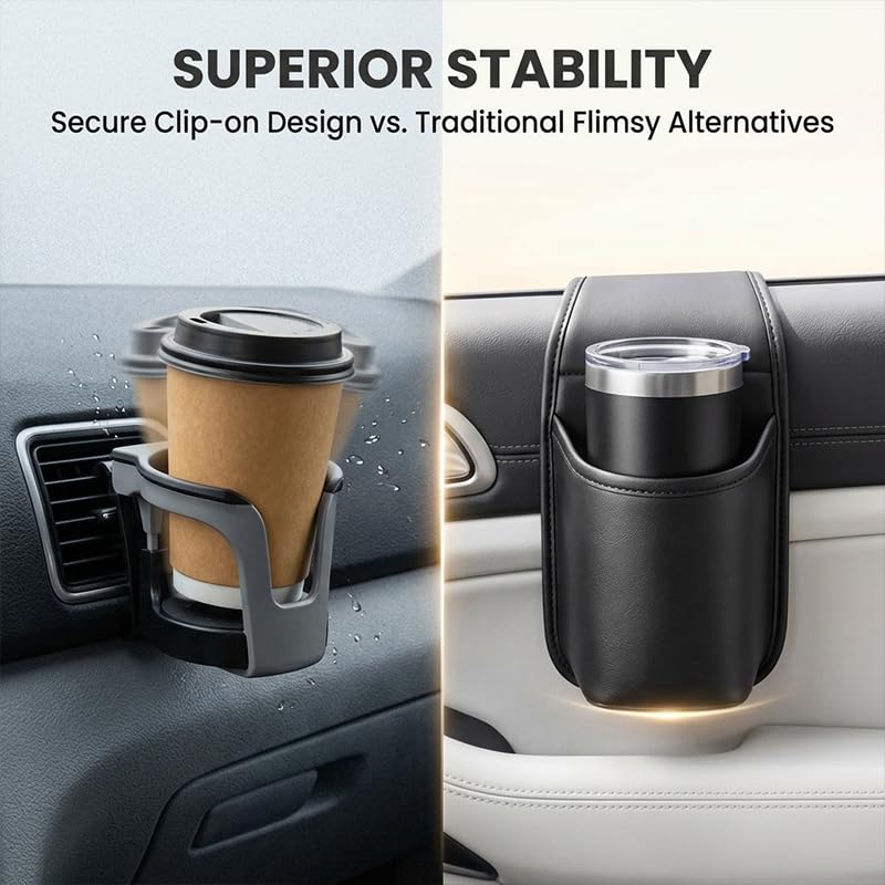Leather Car Door Cup Holder Organizer for Drinks and Phones，Black - Product Imagery