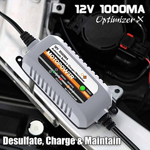 MOTOPOWER MP00205B 12V 1000mA Automatic Battery Charger, Battery - Product Imagery