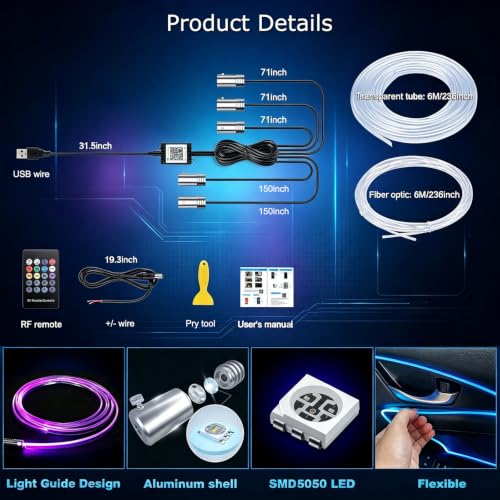 Jushope Interior Car LED Strip Lights, RGB 5 in 1 Car Ambient - Product Imagery