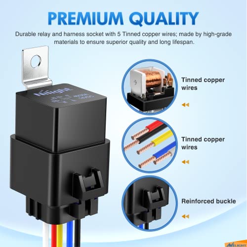 Nilight 5 Pack Waterproof Relay and Socket Harness 40/30 AMP - Product Imagery