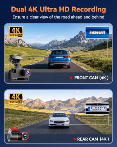 Front 4K + Rear 4K Dual Dash Cam Front and Rear，Free 128GB Card - Product Imagery