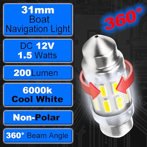 31mm Festoon Marine LED Boat Navigation Light Bulb Cool White, 4 - Product Imagery