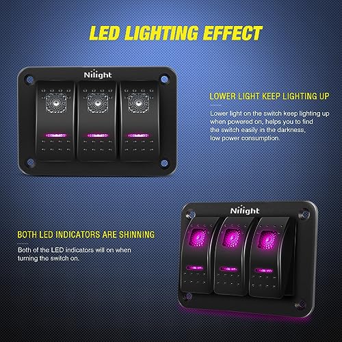 Nilight 3 Gang Aluminum Rocker Switch Panel Pre-Wired - Product Imagery